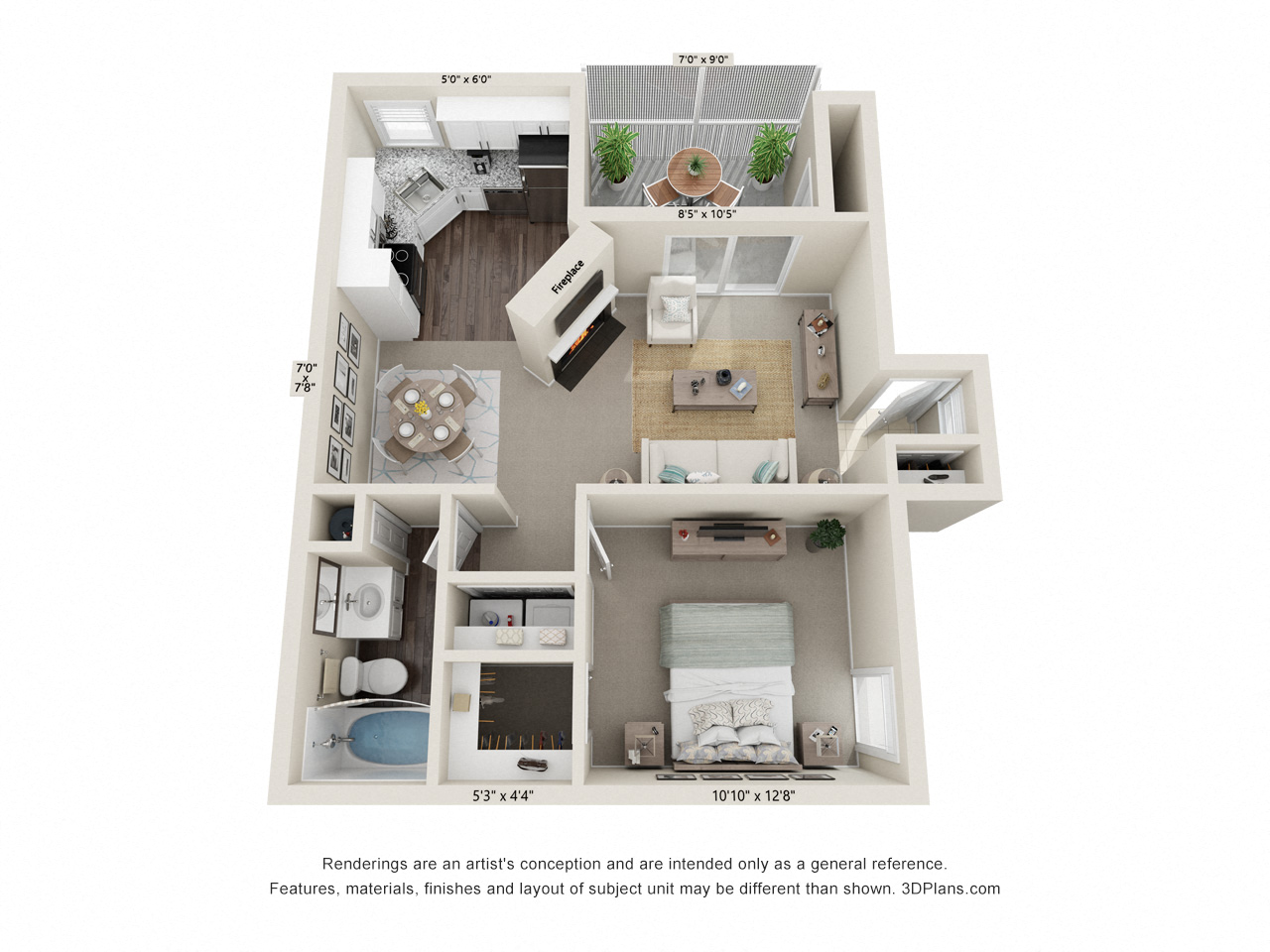 Floor plan for 1 bed, 1 bath, 773 sqft